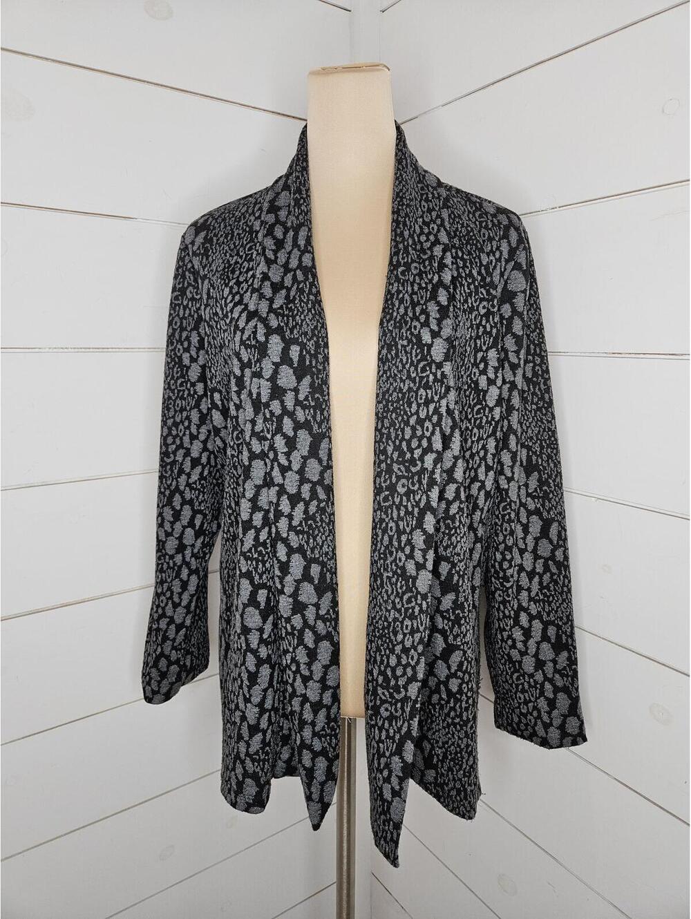 JM Collection large grey & black animal print open front duster cardigan sweater
